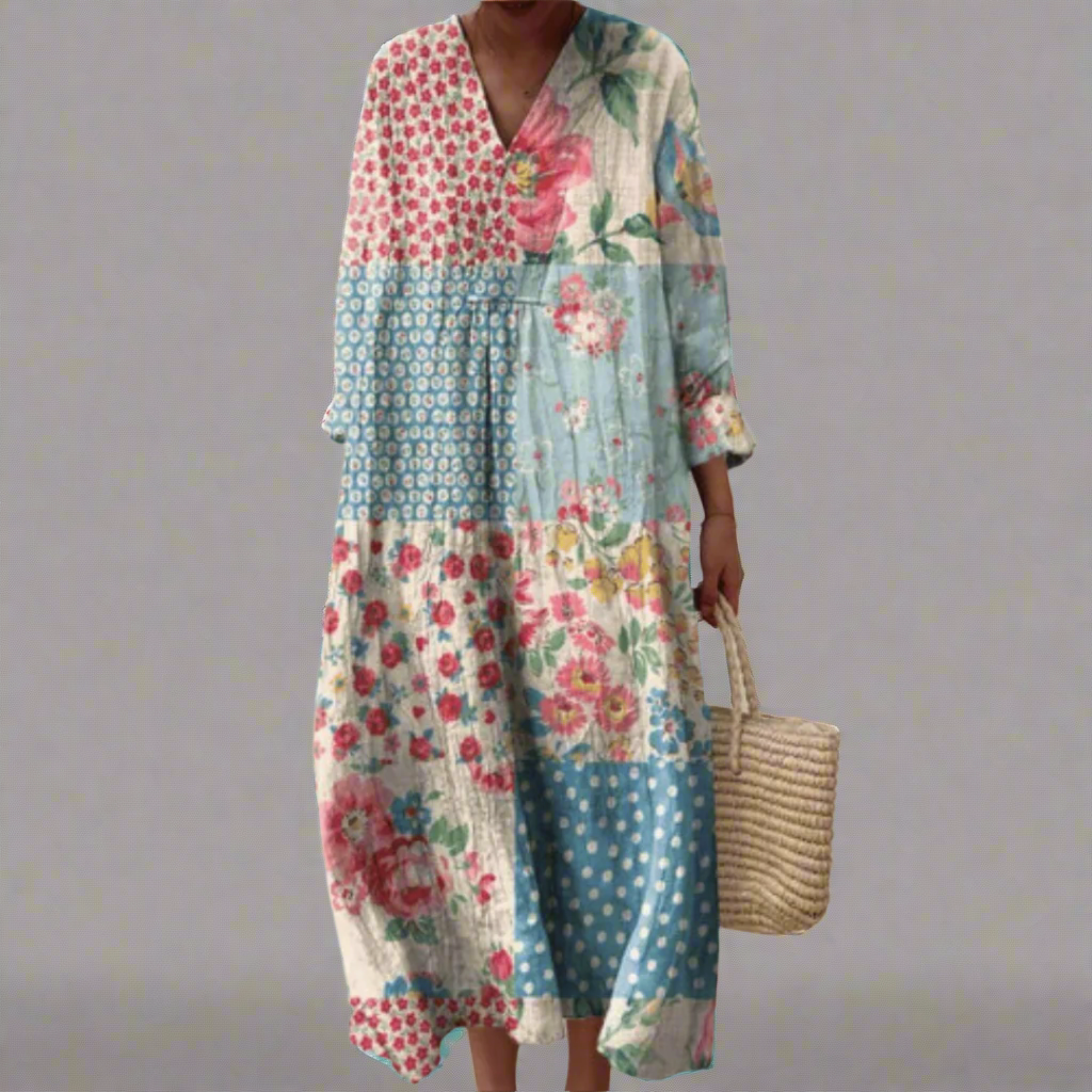 Elegant women's geometric midi dress. Flowy & comfortable summer day dress with a unique pattern for casual wear.