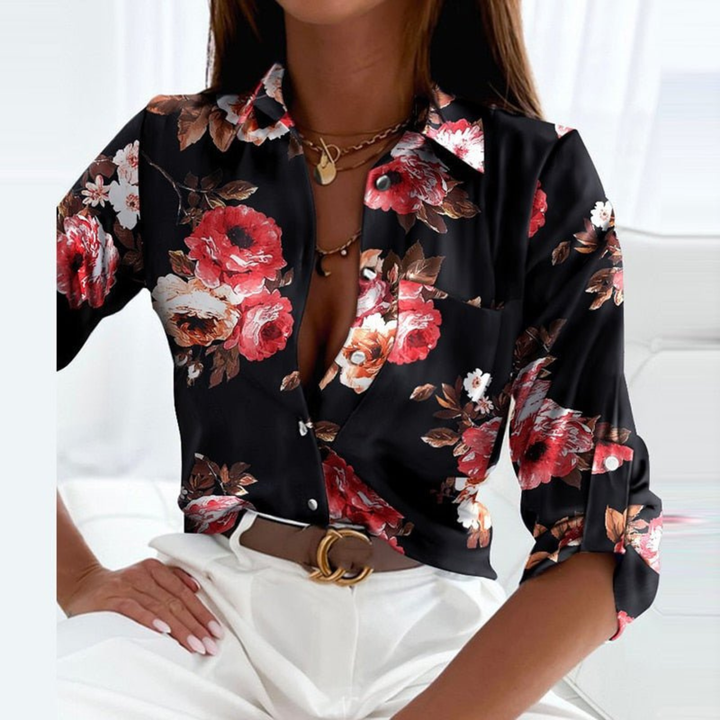 Professional women's elegant geometric print long sleeve blouse, ideal office attire or smart casual fashion.