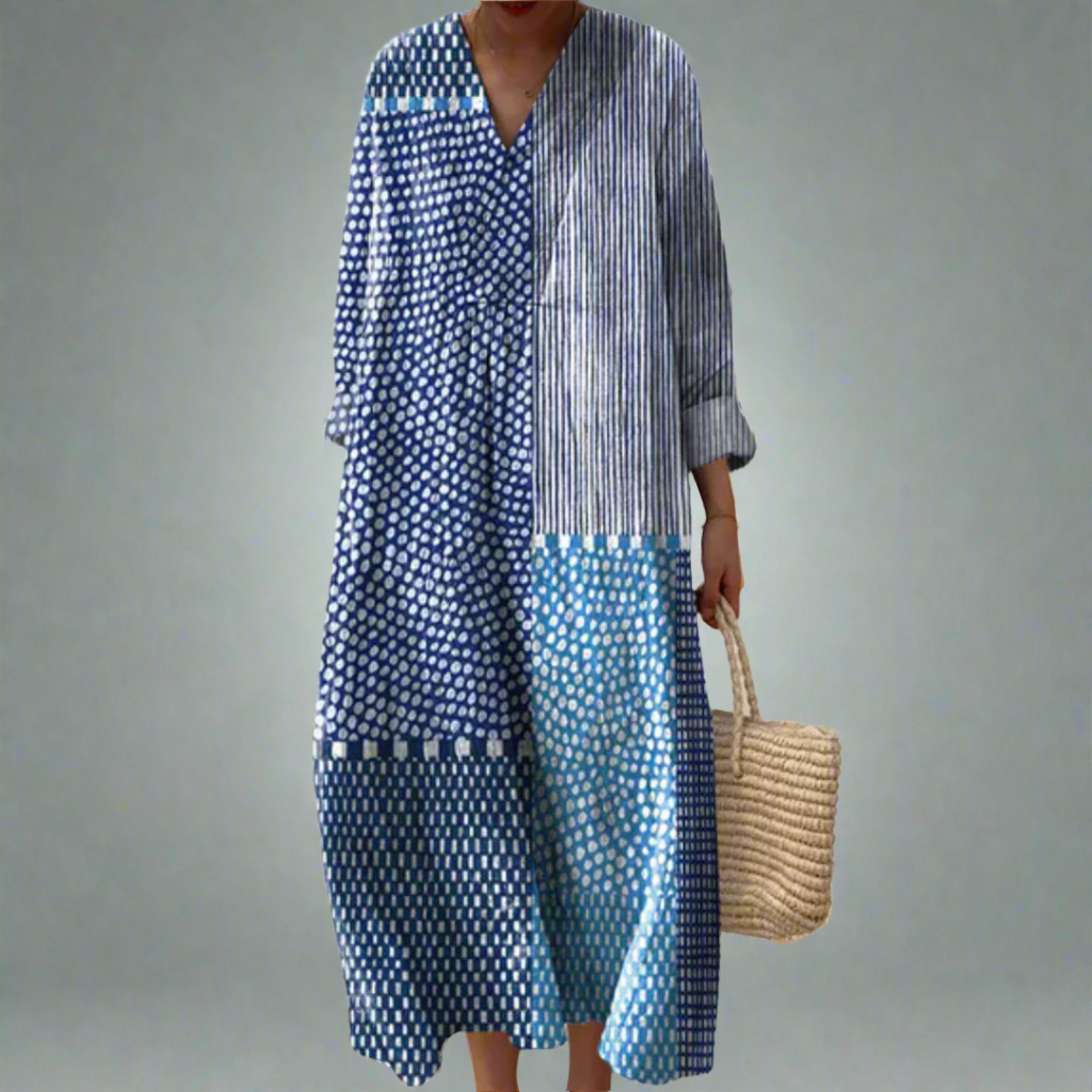 Elegant women's geometric print long sleeve flowy summer dress, perfect for casual daywear or vacation.