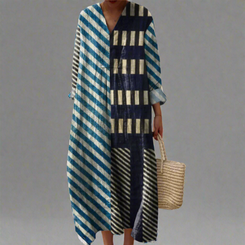 Elegant women's geometric print maxi dress for summer. Flowy, comfortable & stylish holiday outfit.