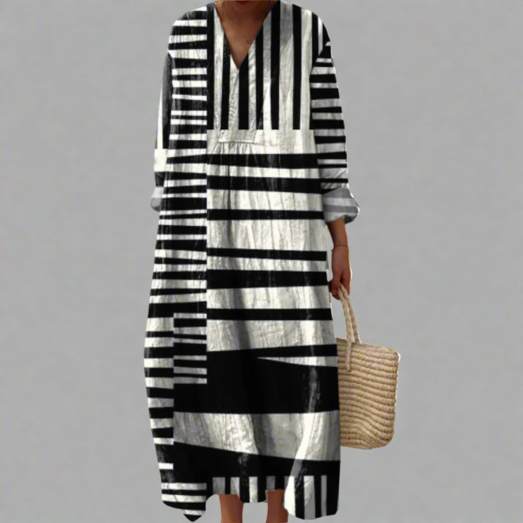 Elegant women's geometric print maxi dress. Relaxed fit long summer dress for casual warm weather fashion.