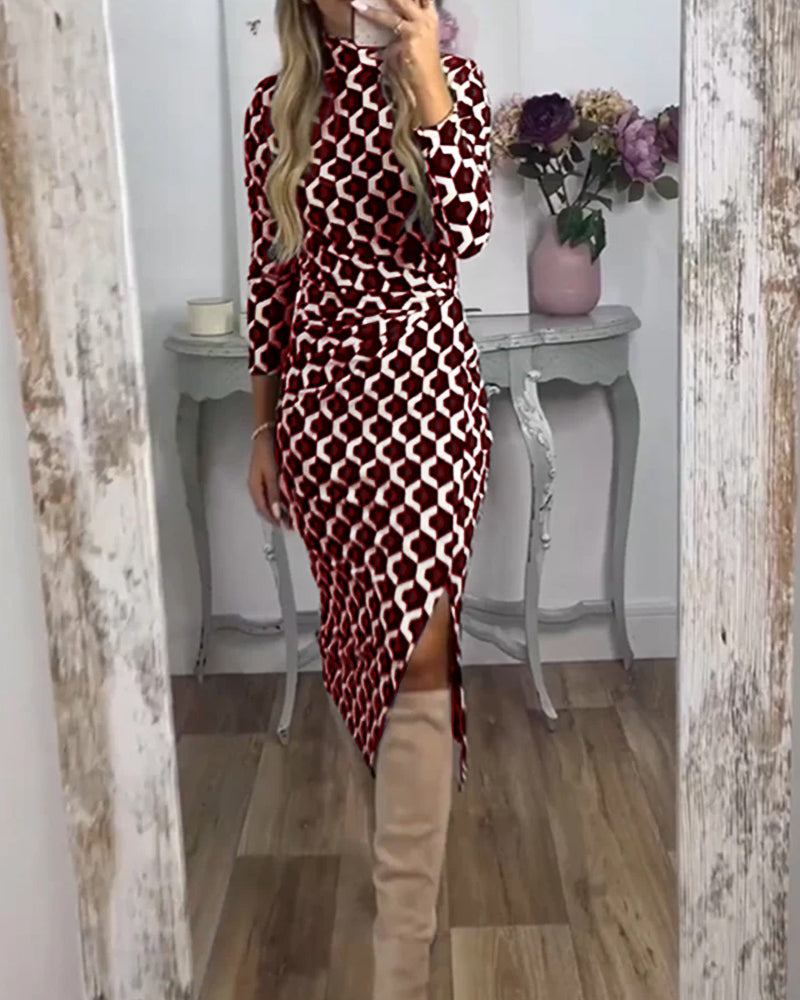 Fashionable women's geometric print ruched midi dress with a sleek slit, an elegant choice for evening events.