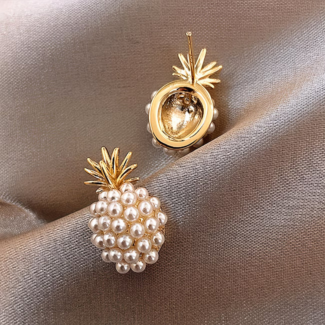 Stylish women's gold-tone pineapple & pearl drop earrings. Chic tropical jewelry, a great gift for her.