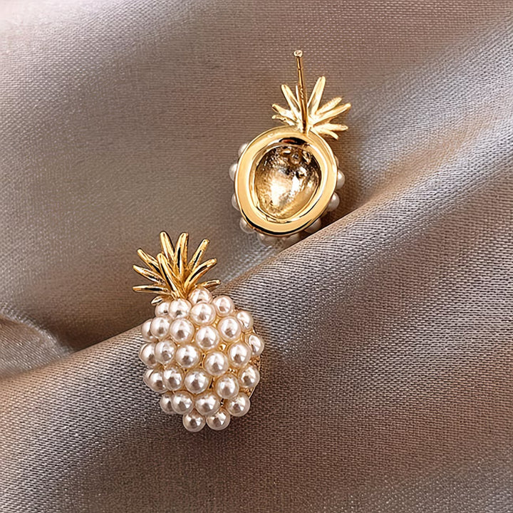 Stylish women's gold-tone pineapple & pearl drop earrings. Chic tropical jewelry, a great gift for her.