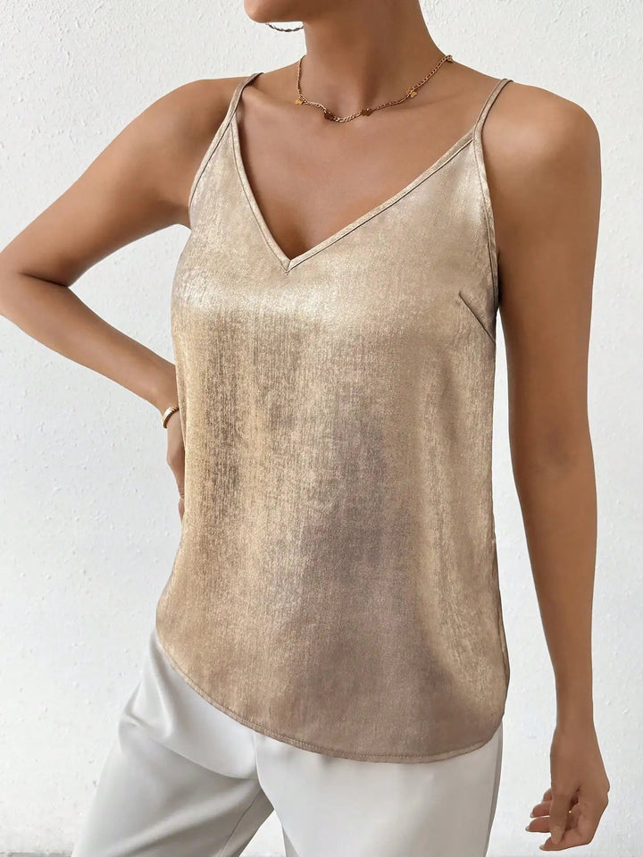 Relaxed fit women's shimmering gold V-neck cami, a chic sleeveless top for summer fashion & evening outfits.