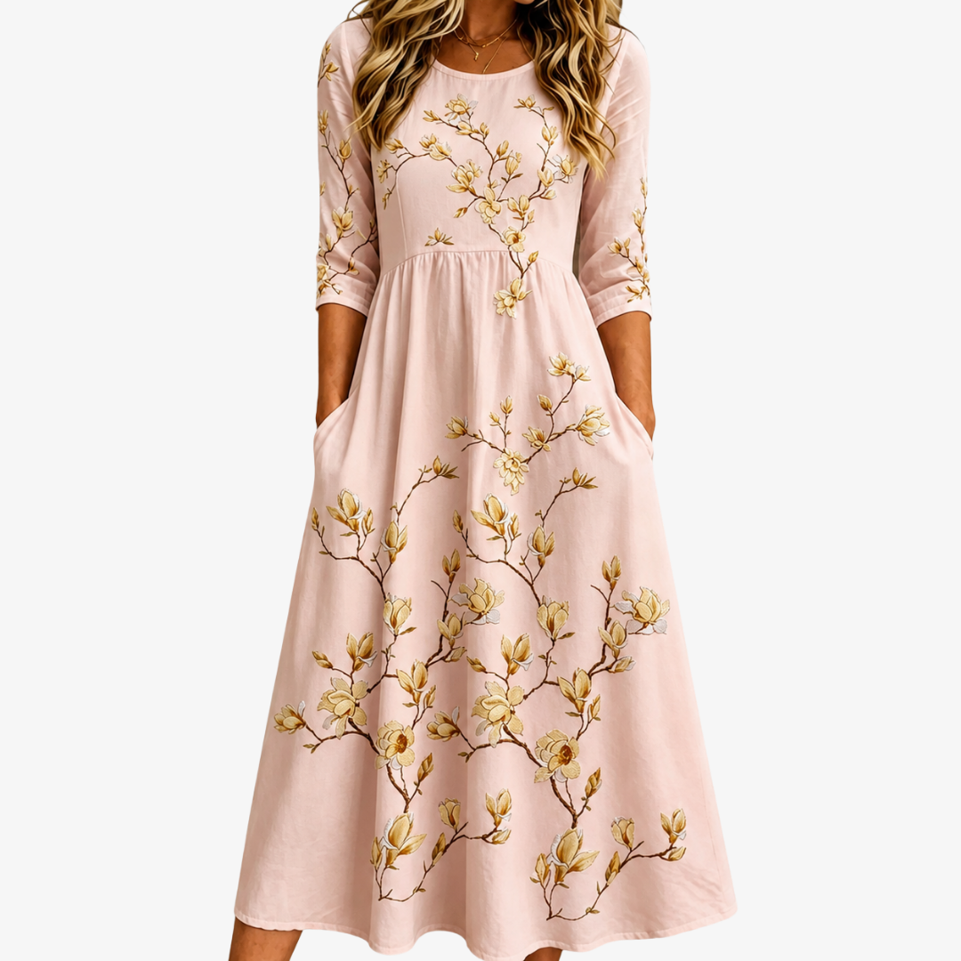 Elegant Women's Golden Magnolia Bloom floral midi dress with pockets, ideal for summer & spring fashion.