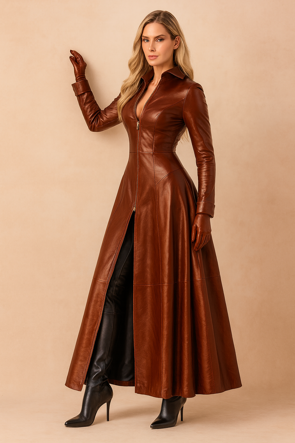 Fashionable long gothic women's winter coat with a hood, featuring an elegant design for unique dark style.