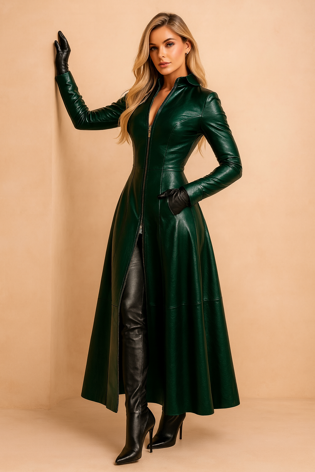 Warm hooded women's winter coat, elegant gothic style. Long ladies jacket, ideal for cold weather & dark fashion.