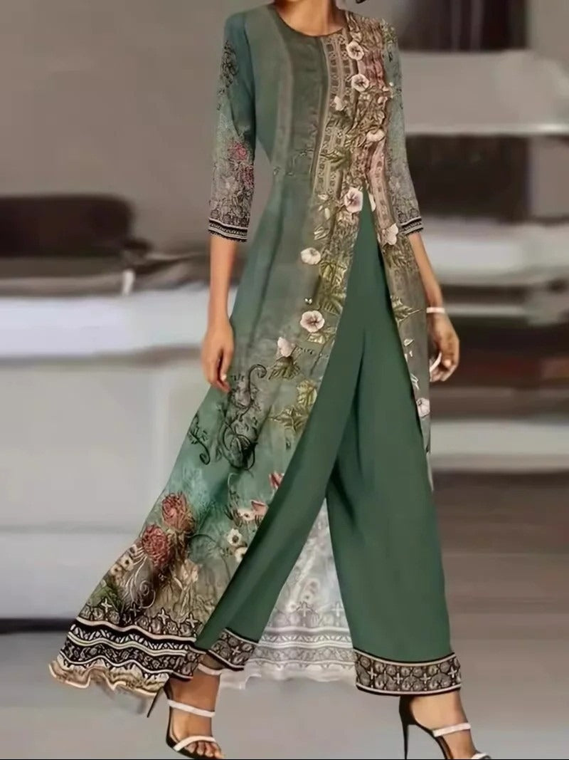 Elegant women's green floral boho long-sleeve tunic & wide-leg trouser co-ord set, perfect for casual chic.