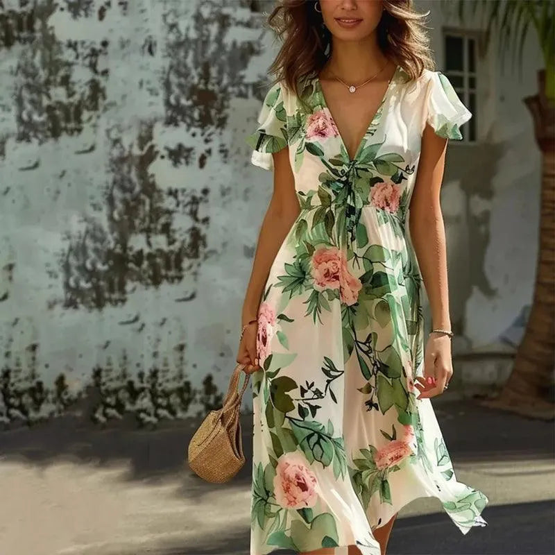 Elegant women's green floral midi dress with delicate flutter sleeves, perfect for summer & spring fashion.