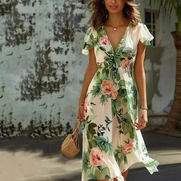Elegant women's green floral midi dress with delicate flutter sleeves, perfect for summer & spring fashion.
