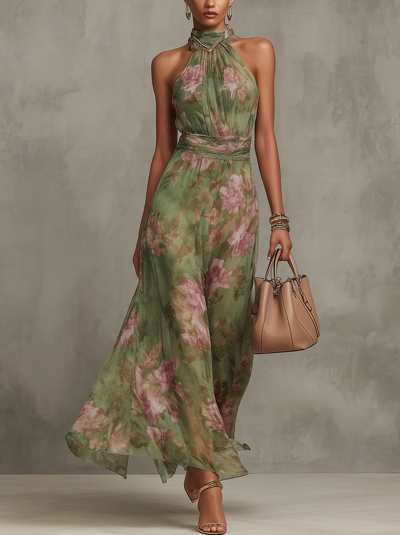 Elegant women's green halter maxi dress for summer parties. Floor-length, flowing fabric. Stylish and chic.