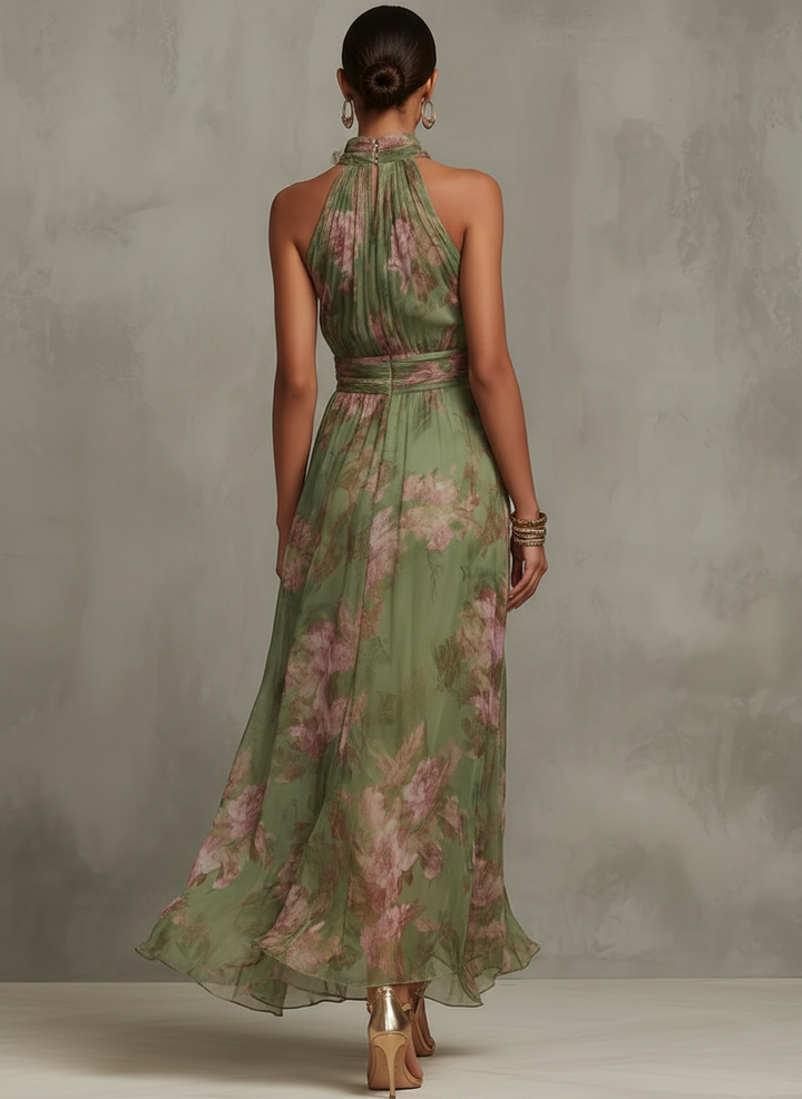 Chic green halter maxi dress for women, perfect for formal events, casual outings, or summer parties.