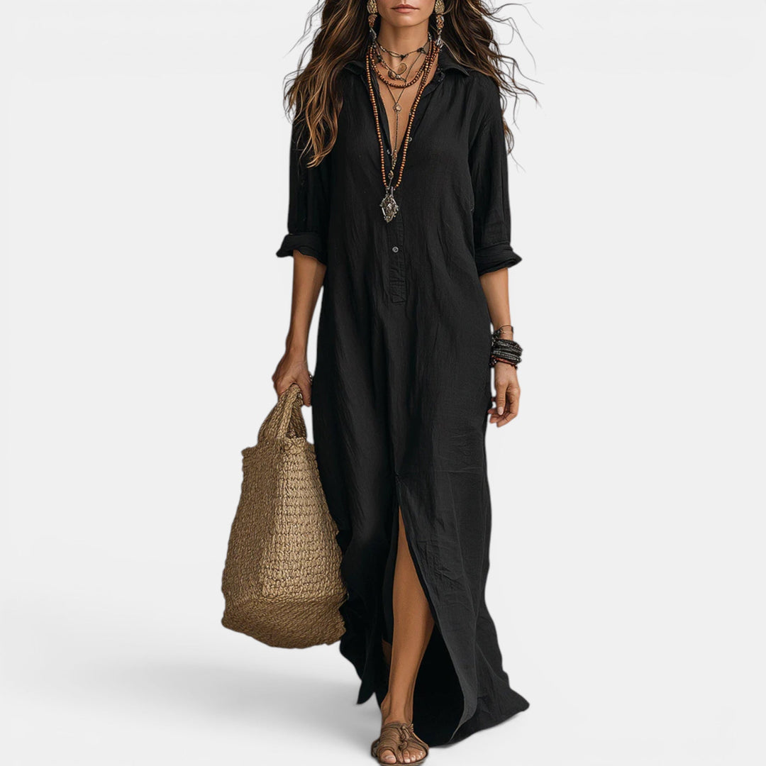Flattering V-neck white maxi dress for women. Flowy summer long dress, ideal for cocktail & party wear.