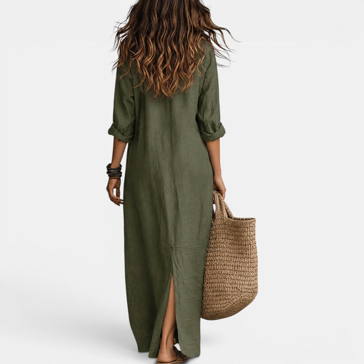 Elegant women's long black maxi dress. Flattering v-neck summer cocktail dress for parties.