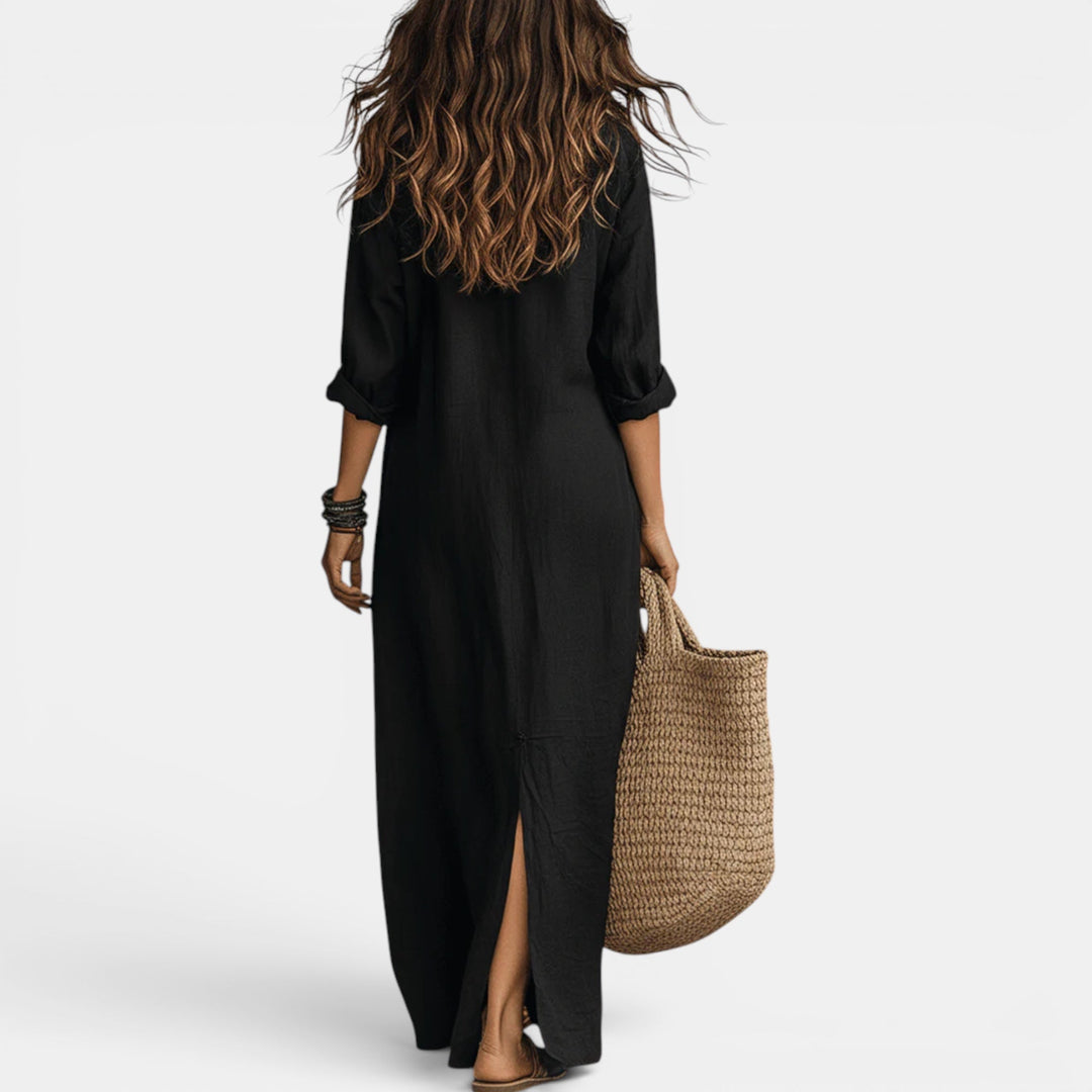 Green women's long maxi dress. Flattering V-neck design, perfect for summer cocktails & elegant parties.