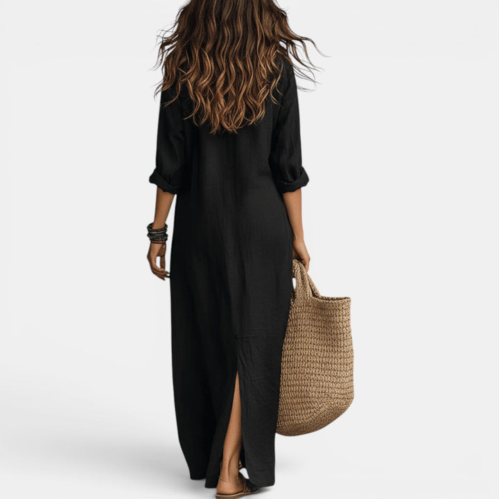 Green women's long maxi dress. Flattering V-neck design, perfect for summer cocktails & elegant parties.