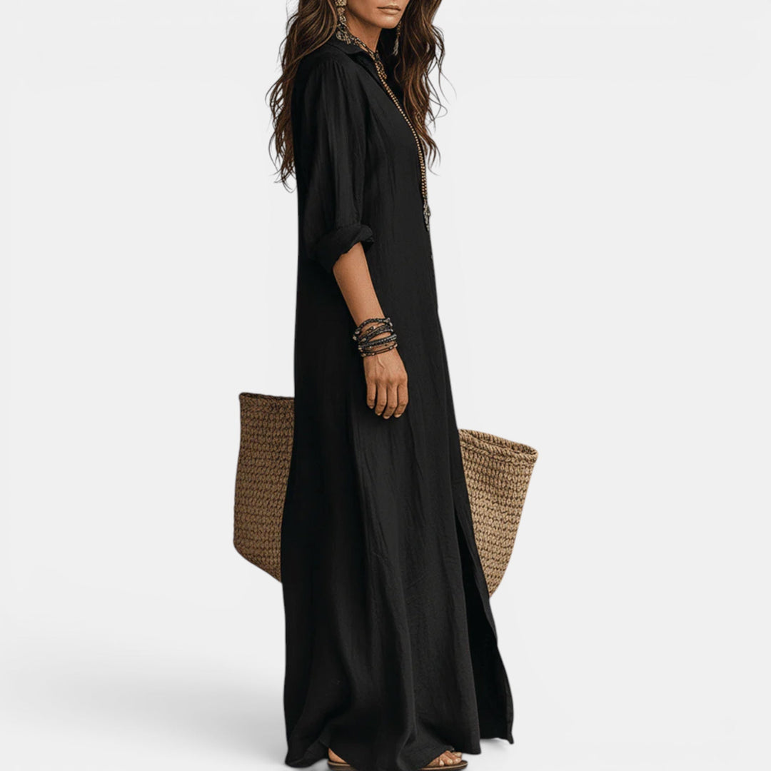 Comfortable women's long maxi dress. Flattering V-neck flowy style for summer, cocktail & casual wear.