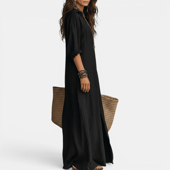 Comfortable women's long maxi dress. Flattering V-neck flowy style for summer, cocktail & casual wear.