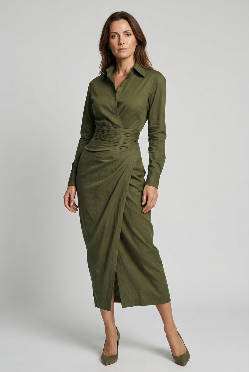 Elegant women's green ruched wrap midi dress with shirt collar & long sleeves. Perfect formal occasion dress.