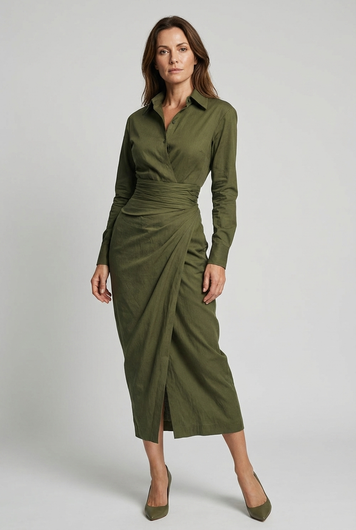 Elegant women's green ruched wrap midi dress with shirt collar & long sleeves. Perfect formal occasion dress.