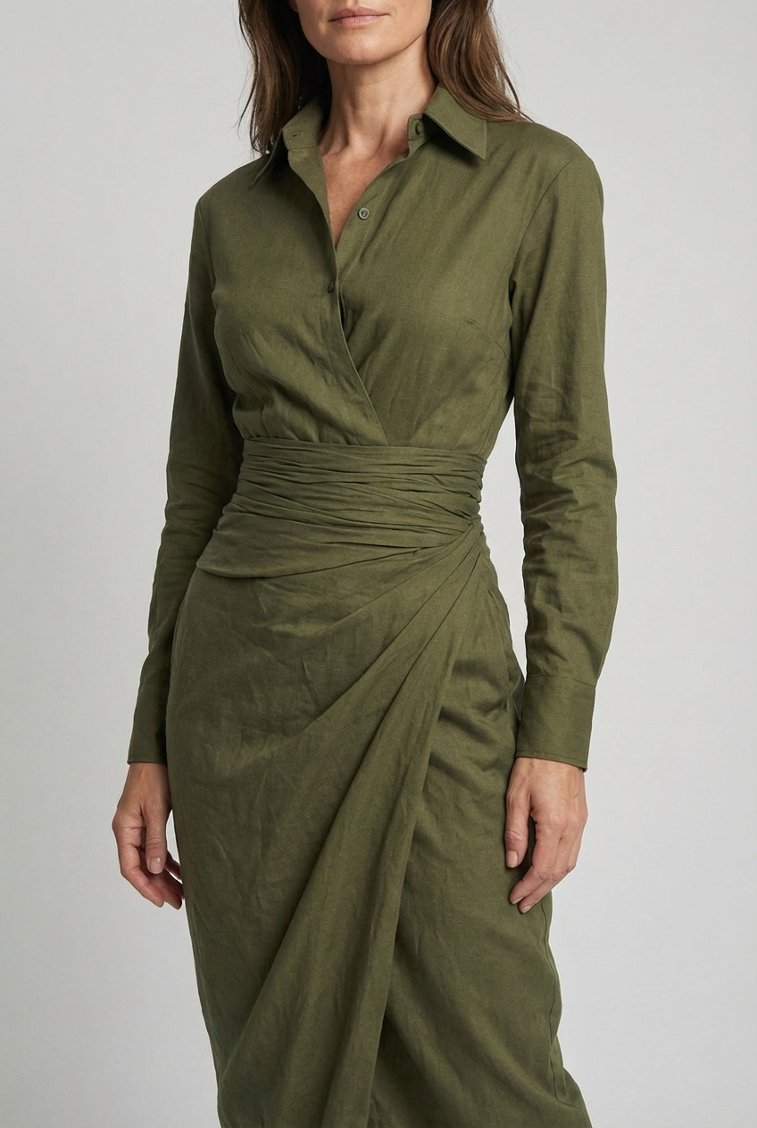 Stylish women's wrap midi dress with intricate ruched detailing, shirt collar, and asymmetric hem.
