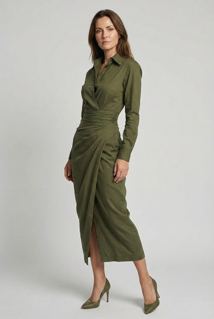 Green long sleeve midi wrap dress for women, featuring a ruched design & elegant shirt collar. Ideal workwear.