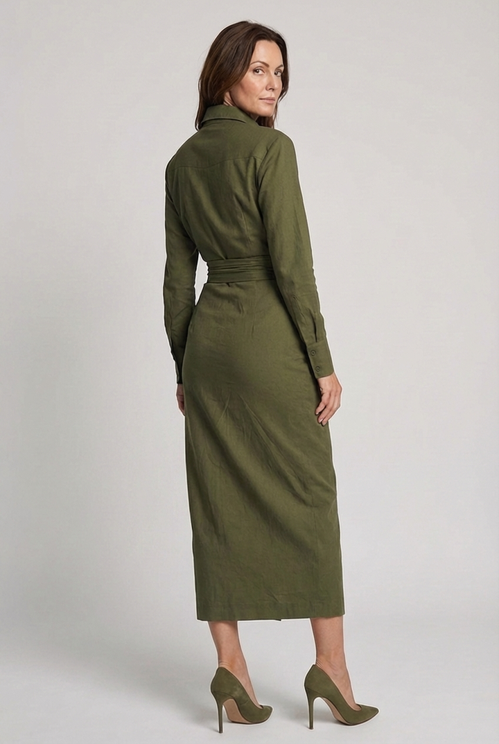 Formal women's ruched wrap midi dress in green with a chic shirt collar. Versatile elegant occasion wear.