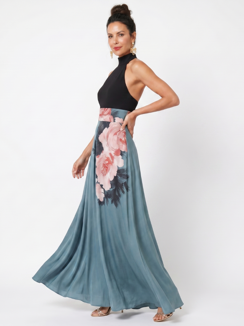 Chic women's floral halter maxi evening gown, an elegant formal dress with a stylish slit for parties.