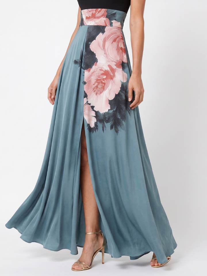 Beautiful floral print halter maxi dress for women, featuring a flattering slit, ideal for summer parties.