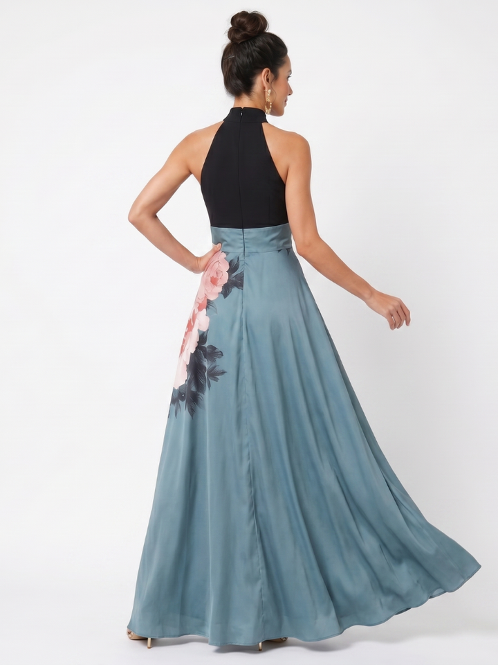 Sophisticated women's halter floral maxi dress. This elegant evening gown has a graceful slit, perfect for formal events.