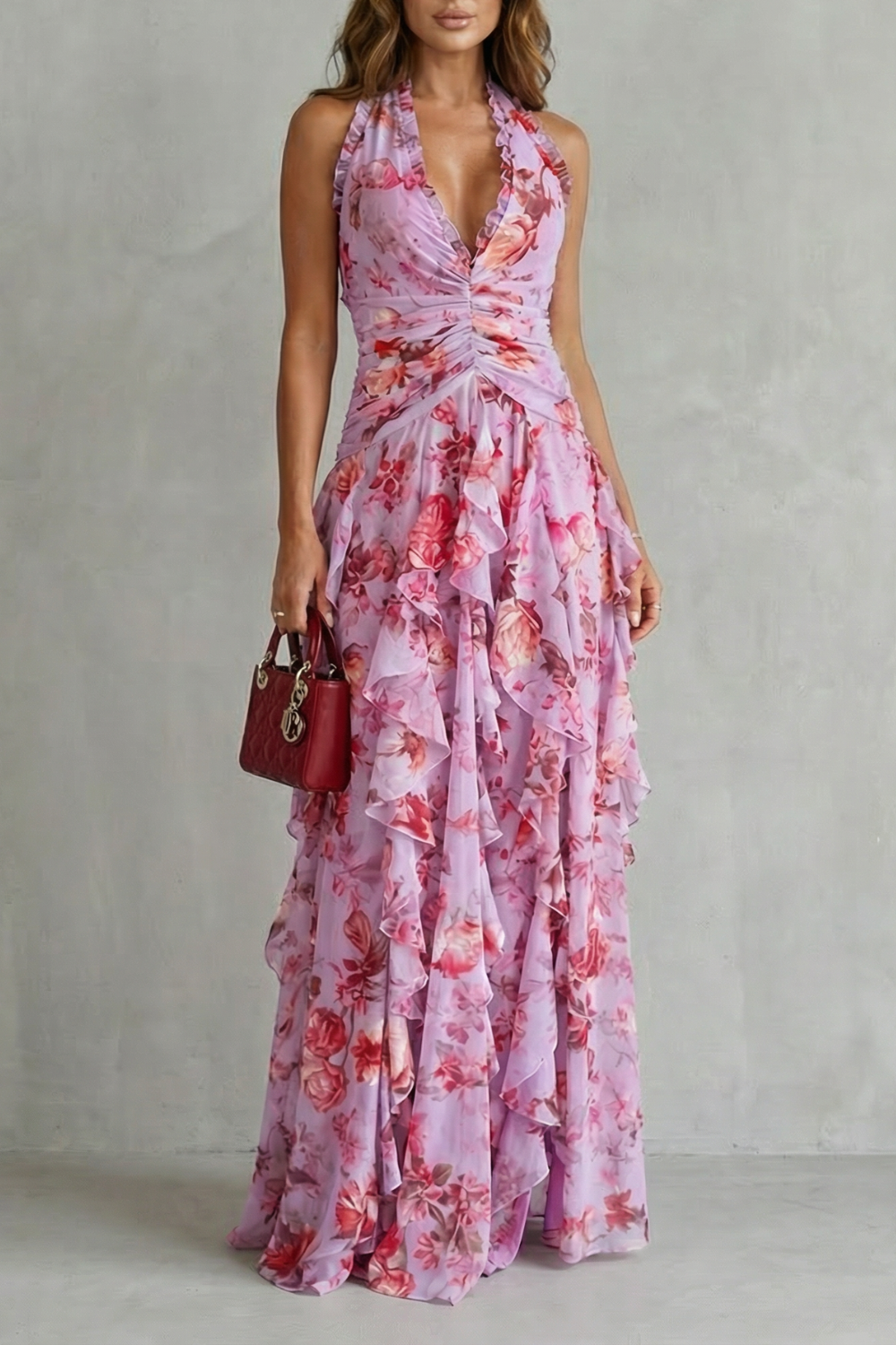Elegant women's halter maxi dress, sleeveless & flowing design. Perfect for special occasions.