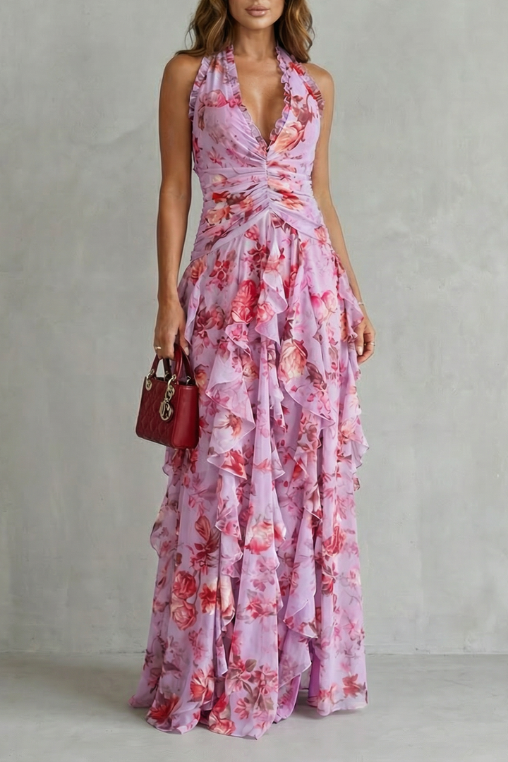 Elegant women's halter maxi dress, sleeveless & flowing design. Perfect for special occasions.