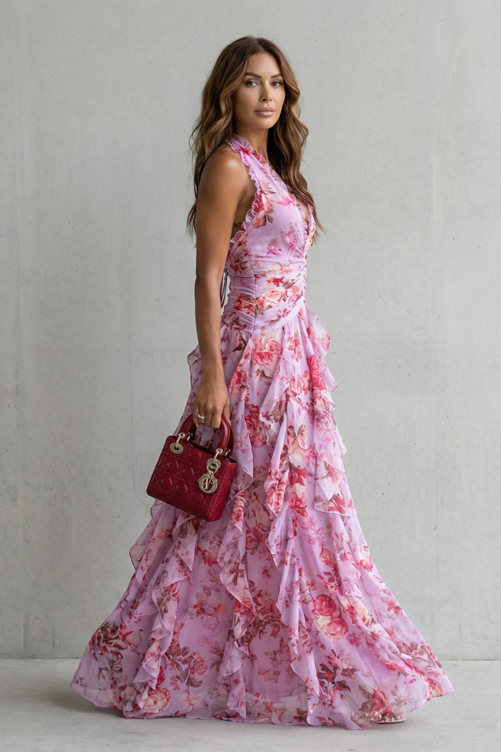 Flowing blue sleeveless halter maxi dress for women, elegant. Perfect for special occasions.