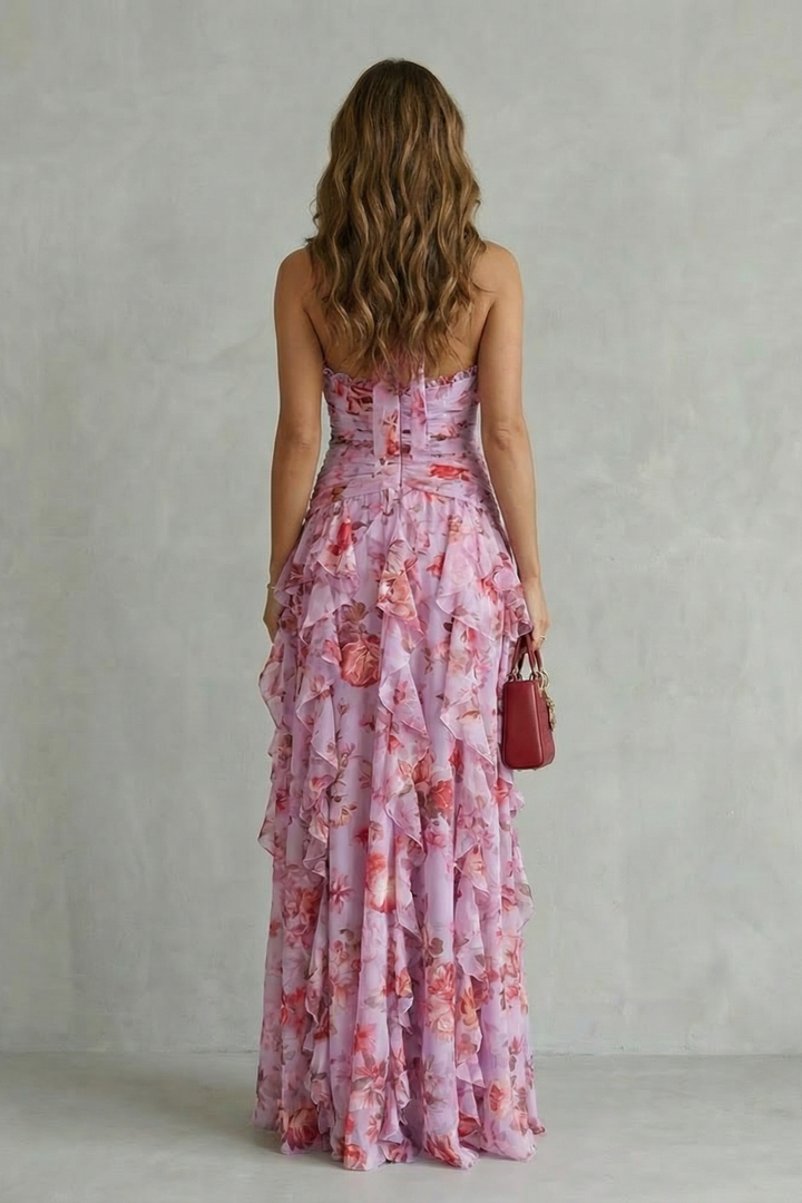 Elegant women's sleeveless maxi dress, halter neck & flowing. Romantic evening wear.