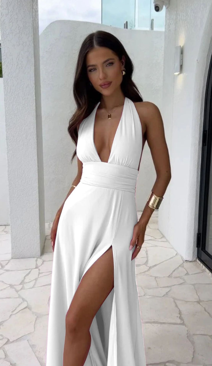 Graceful women's formal dress, a long maxi with high split, designed for elegant wedding and party wear.