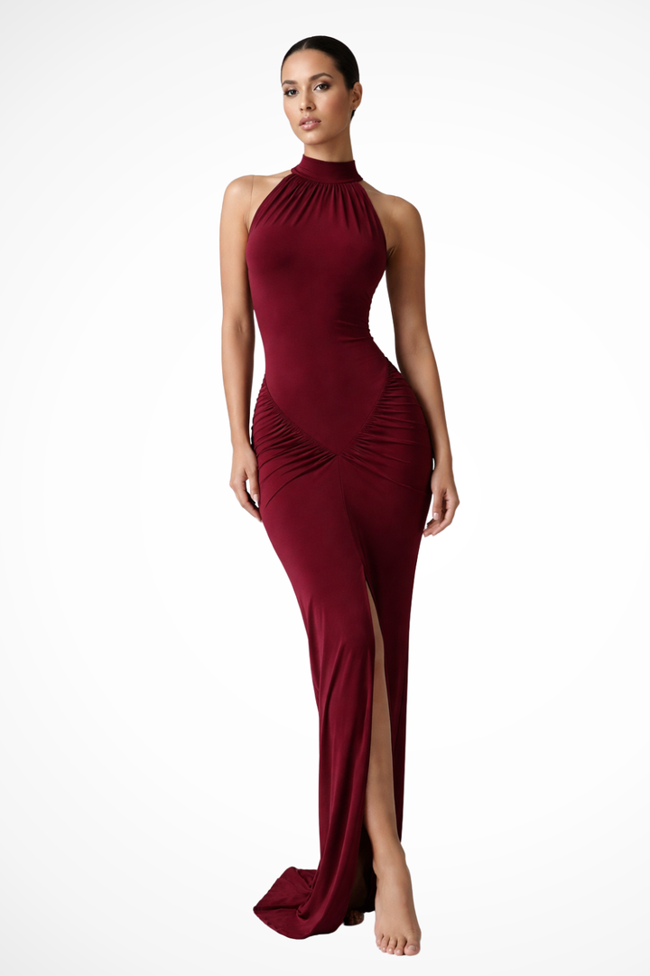 Stylish women's sleeveless maxi dress, halter neck, ruched detail & side slit, for formal parties.