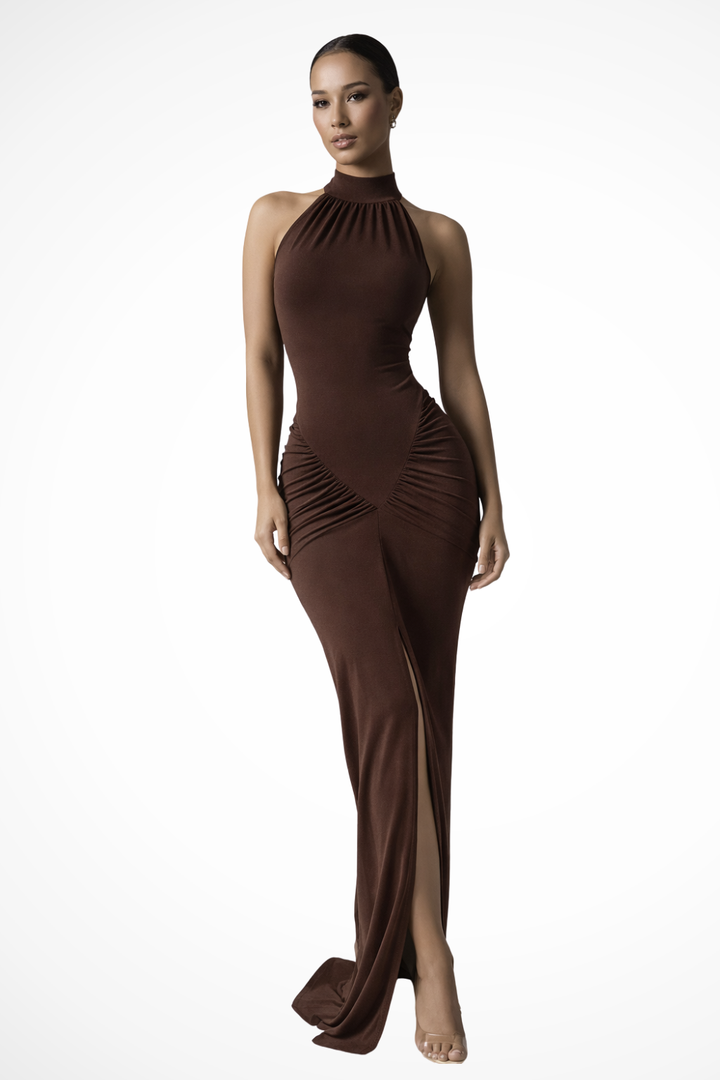 Gorgeous women's party maxi dress, elegant halter, ruched bodycon fit & alluring slit design.