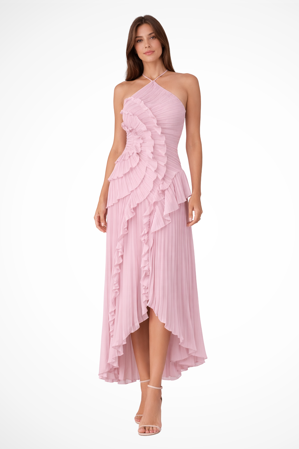Elegant women's halter maxi dress with ruffles, backless design, perfect for summer parties & wedding guests.