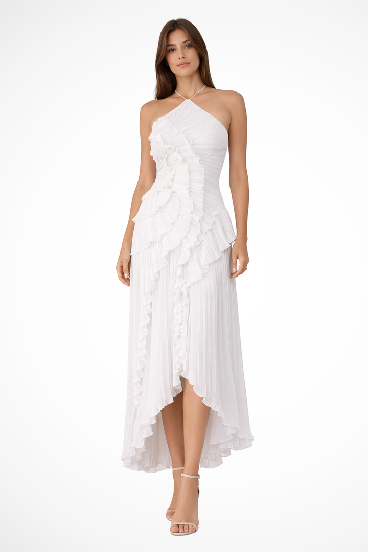 Women's formal backless maxi dress with halter neckline & delicate ruffles, perfect for elegant summer events.