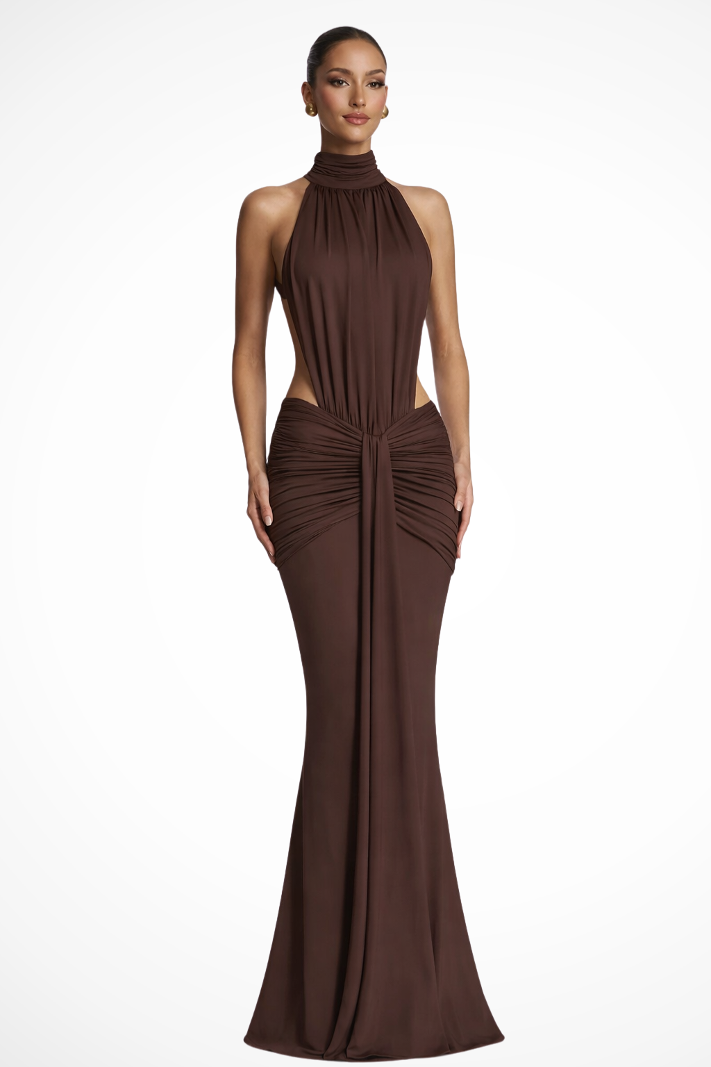 Elegant women's halter neck backless bodycon maxi dress with ruched details, perfect for formal events & parties.