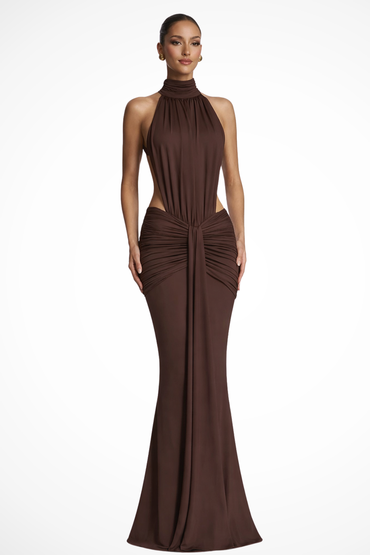 Elegant women's halter neck backless bodycon maxi dress with ruched details, perfect for formal events & parties.
