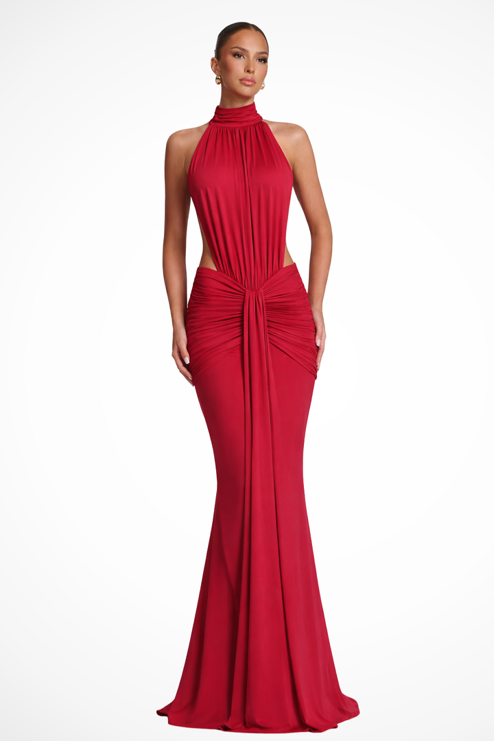 Fashionable women's halter neck backless maxi dress, with a flattering ruched bodycon silhouette for elegance.