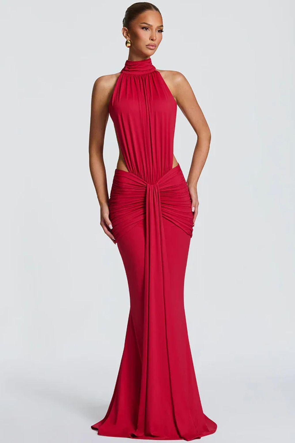 Sophisticated formal halter neck maxi dress for women, featuring a chic backless style and flattering ruched bodycon.