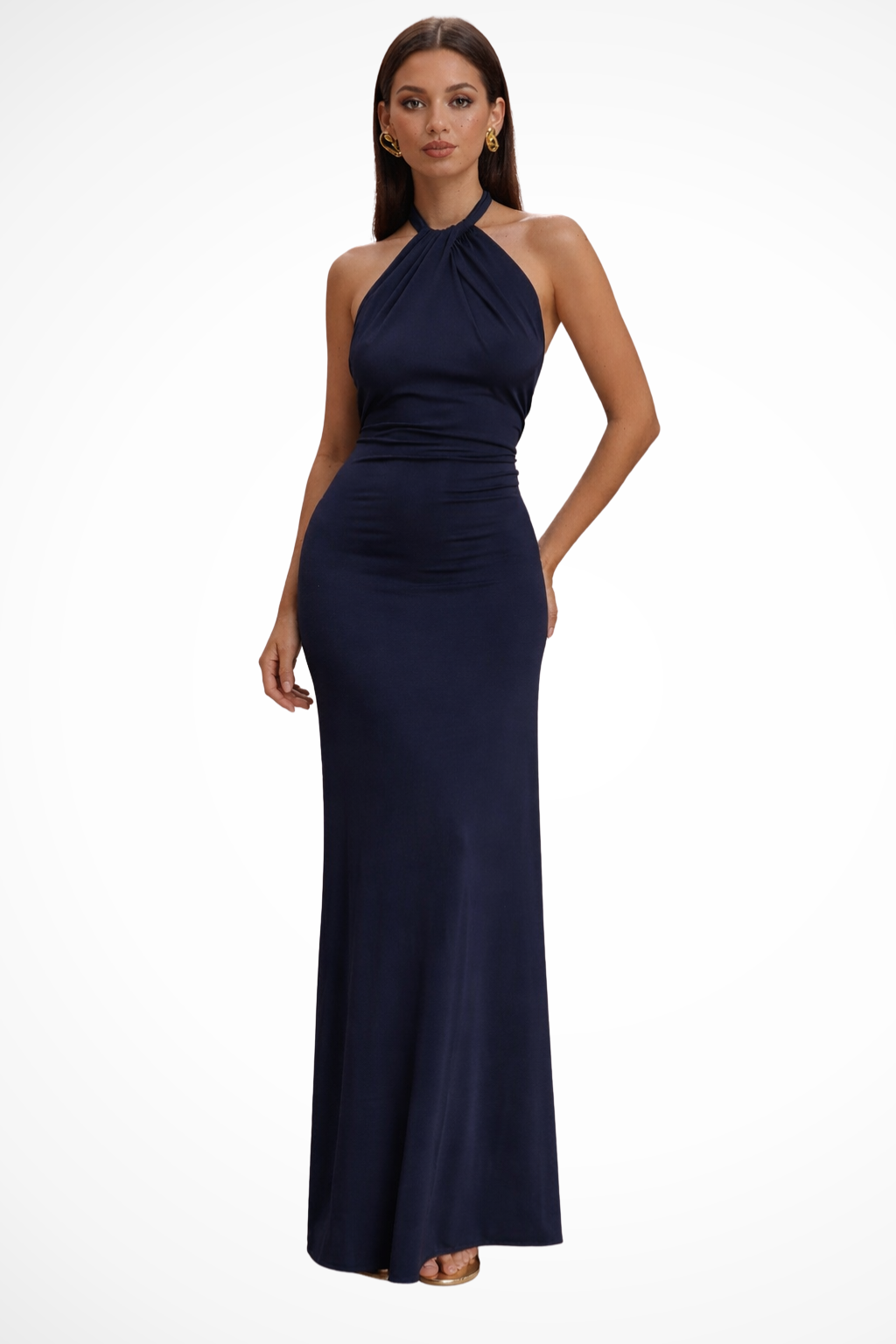 Women's formal bodycon maxi dress, sleeveless halter neck with a stunning open back, great for parties.