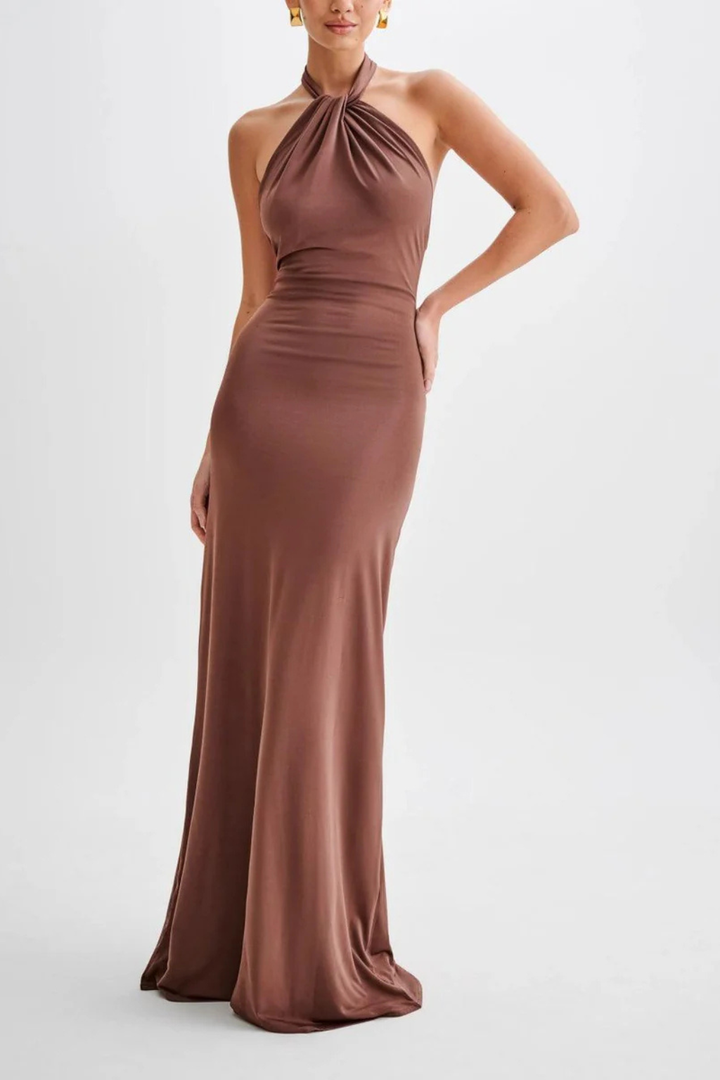 Sleeveless women's party dress: halter neck, bodycon maxi length, and stylish open back for formal wear.