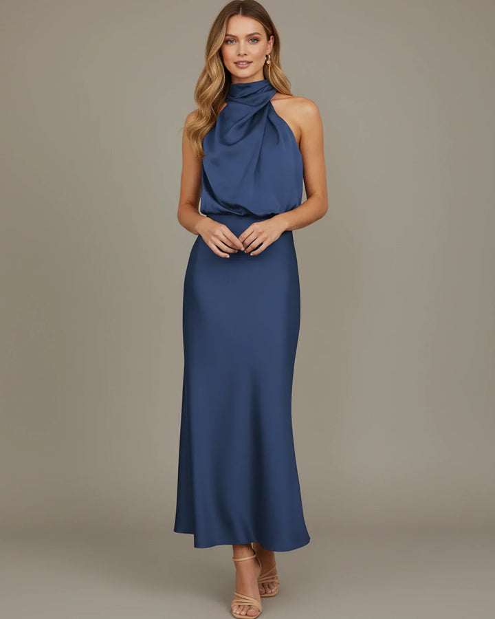 Women's formal wear: elegant halter neck cowl neck midi slip dress