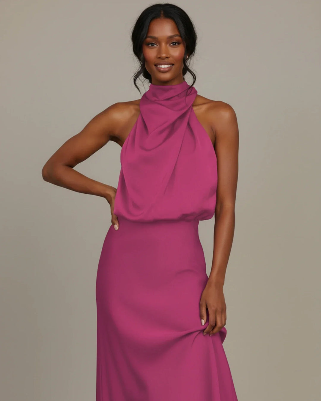 Chic and elegant women's slip dress with halter neck and cowl detail