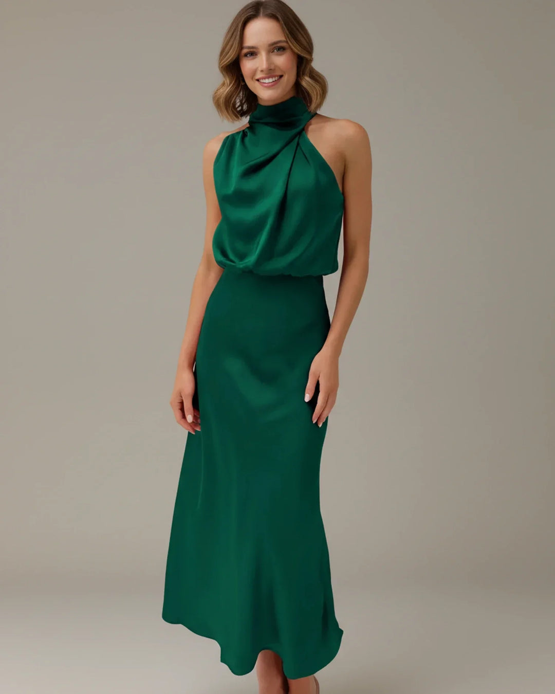 Versatile midi dress: halter cowl neck design for special occasions