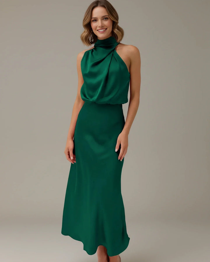 Versatile midi dress: halter cowl neck design for special occasions